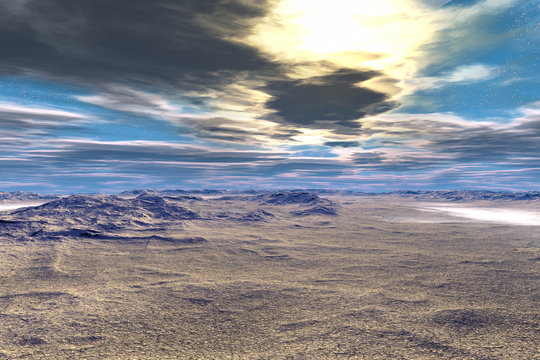Alien planet. Sunrise. 3D rendering