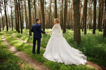 Weeding couple walking in the forest after wedding ceremony