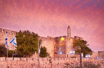 Walls of Ancient City at sunset, David's tower and citadel, Jeru