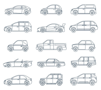 Car Icons in the Linear Style. Transport Icons Outline Stroke on White Background. Vector Illustration