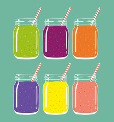 Set of 6 different colorful smoothies in mason jars with striped straws. Fresh natural healthy fruit and berry drinks, isolated. Vector hand drawn illustration eps10.