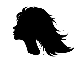 Girl’s black silhouette. A vector icon of a woman’s profile.
