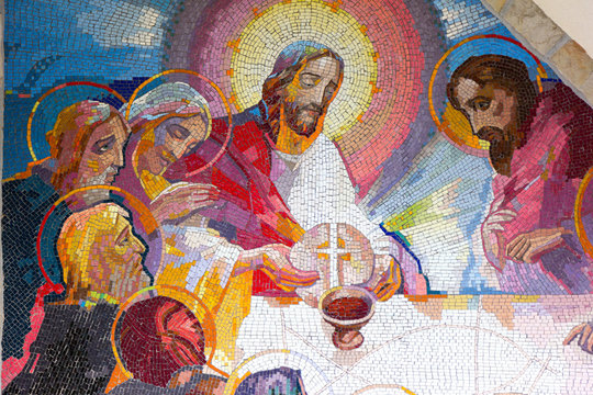 MEDJUGORJE, BOSNIA AND HERZEGOVINA, 2016/6/5. Mosaic of the institution of the Eucharist at the last supper by Jesus Christ as the fifth Luminous mystery.