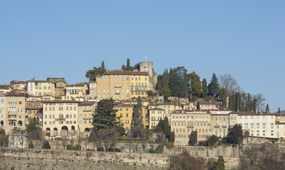 Fototapeta premium Bergamo - Old city (Citta Alta). One of the beautiful city in Italy. Lombardia. Landscape on the old city during a wonderful blu day. 