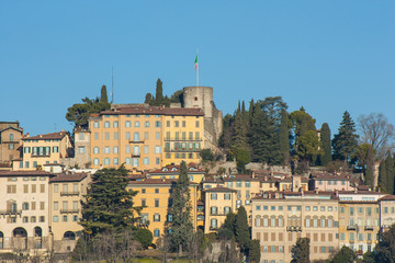 Fototapeta na wymiar Bergamo - Old city (Citta Alta). One of the beautiful city in Italy. Lombardia. Landscape on the old city during a wonderful blu day. 