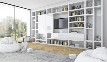 3d rendering built in white shelf with bean bag in modern white living room
