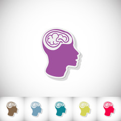 Human brain in head. Flat sticker with shadow on white background