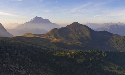 Sunrise from Passo Falzarego pass, Dolomites, Italy