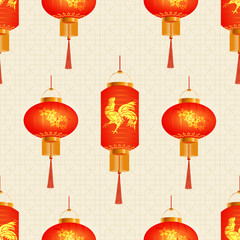 A set of orange Chinese Lanterns. Sakura and the golden cock. Round and cylindrical shape. Seamless background on the texture. illustration