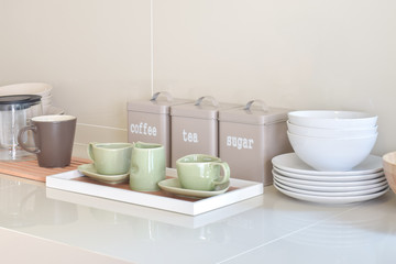 Fototapeta na wymiar modern pantry with white utensil in kitchen