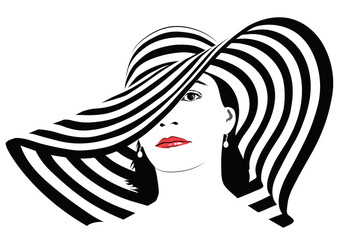 Girl with dark hair in big striped hat - vector