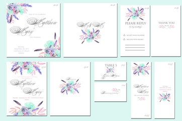 Template cards set with watercolor pink and blue flowers; wedding design for invitation, number, RSVP, Thank you card, for anniversary day