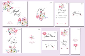 Template cards set with watercolor pink and purple flowers; wedding design for invitation, number, RSVP, Thank you card, for anniversary day
