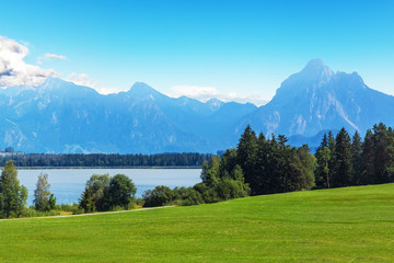 Plakat Scenic summer landscape with mountains, lake and forest