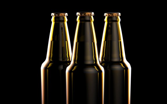 Bottles of beer on a black background. 3d illustration.