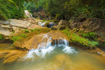 The stream from Gor Luang waterfall is located in Mae Ping national park, Li district, Lamphun province of Thailand. The water here has a very clear and beautiful emerald color.