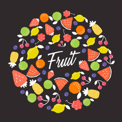 Doodle Fruit on Black Background  : Vector Illustration