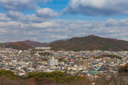 Himaji cityscape downtown with mountain background, Japan