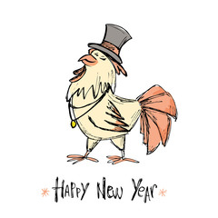 Hand drawn funny  rooster on white background