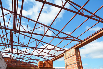 Roofing Construction. Metal Roof Frame House Construction.