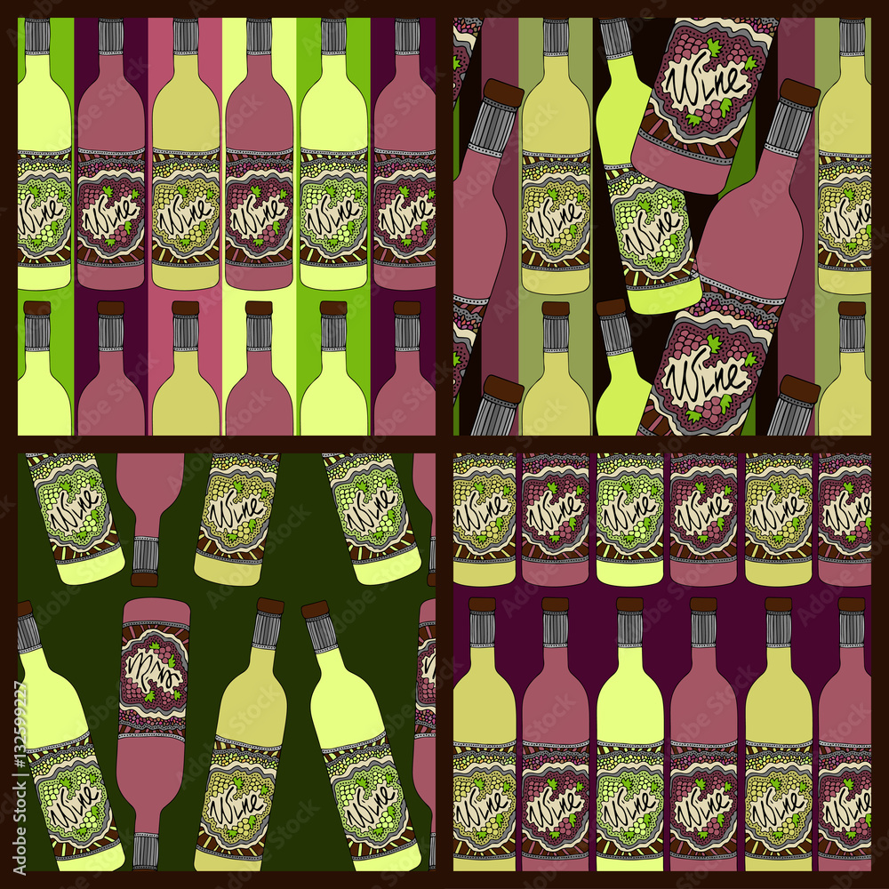 Poster wine bottles zentangle patterns set