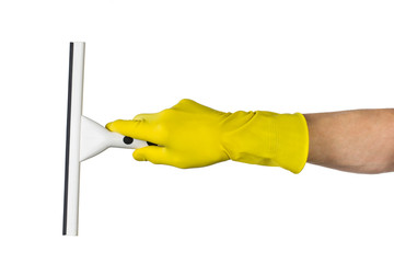 Man's or woman's hand cleaning with a squeegee on white background.
