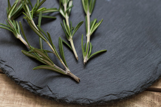 Fresh rosemary leaves on black round slate plate. Selective focus. Close-up