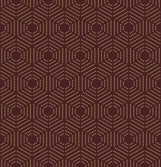 Geometric repeating golden vector ornament with hexagonal dotted elements. Geometric modern ornament. Seamless abstract modern pattern