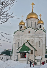 View of the Church through the dereva.Kurzhak branches. net of the branches against the backdrop of the Temple .Pravoslavny Temple, Christmas, Epiphany, church, font, frosts, winter, snow, frost,