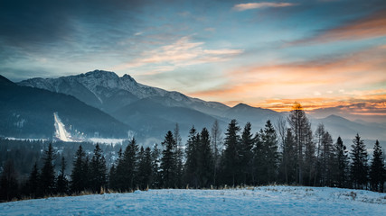 Skiing competitions in Zakopane in winter at sunset, Poland