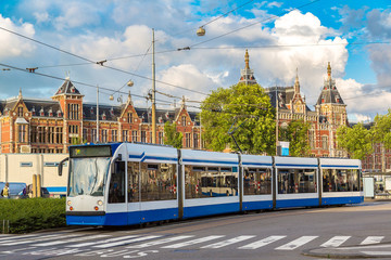 Fototapeta na wymiar City tram in Amsterdam