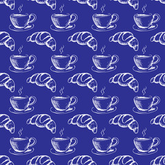 seamless pattern hand drawn cup of coffee and croissant.