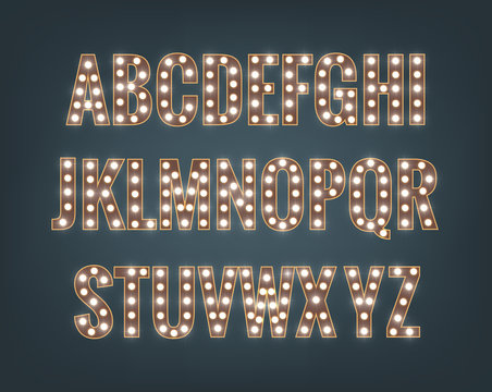 Retro font with light bulbs. Shiny letters