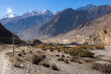 view of the Himalayas (Dhaulagiri) and the village of Jomsom