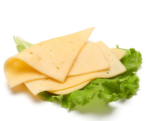 cheese slices  and salad leaves isolated on white background cut