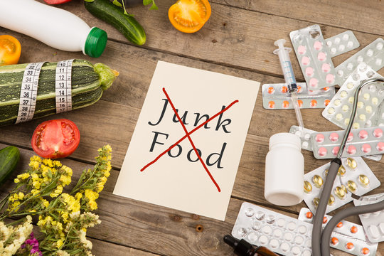 Vegetables or pills. Paper with text "NO Junk Food", stethoscope