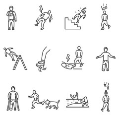 Accident icons set. Cases of physical injury, thin line design. The misfortune and bad luck, linear symbols collection.