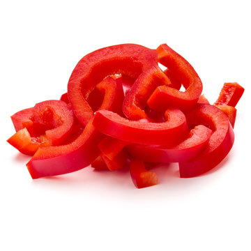 Red Sweet Bell Pepper Sliced Strips Isolated On White Background