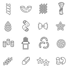 Pasta of different form icons set. assortment production, thin line design. linear symbols collection