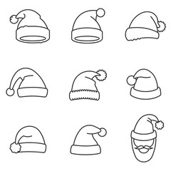 Hats Santa Claus, thin line design. Christmas hat, linear symbols collection.