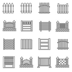 Fence icons set. The construction for the protection of the territory, thin line design. Fence made of metal, stone, brick. isolated vector illustration.