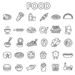 Food icons set. Various foodstuff, thin line design. Ready-made food, linear symbols collection.