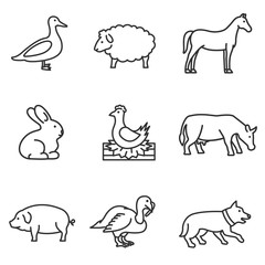 Farm animals icons set. Pets, thin line design. isolated vector illustration.