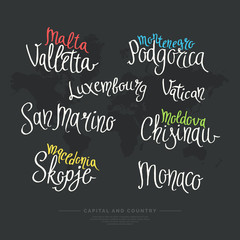 Hand drawn lettering country and capital Europe.