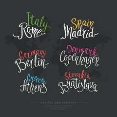 Hand drawn lettering country and capital Europe.