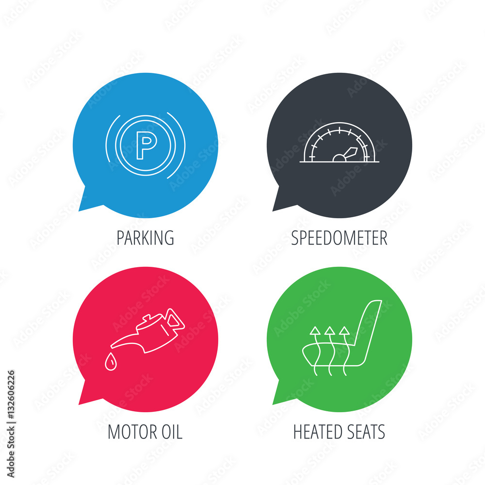 Poster colored speech bubbles. motor oil, parking and speedometer icons. heated seats linear sign. flat web