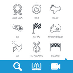 Race flag and speed icons. Winner medal, motorcycle helmet and timer linear signs. Map navigation flat line icons. Video cam, book and magnifier search icons. Vector