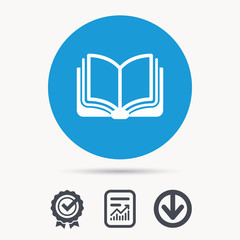 Book icon. Study literature sign. Education textbook symbol. Achievement check, download and report file signs. Circle button with web icon. Vector