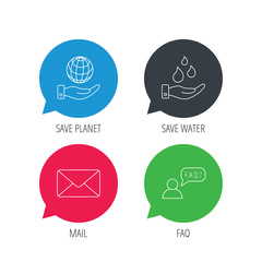 Colored speech bubbles. Mail, save water and faq speech bubble icons. Save planet linear sign. Flat web buttons with linear icons. Vector