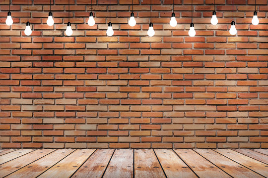  brick wall with bulb lights lamp. nice brick show room with spotlights. 